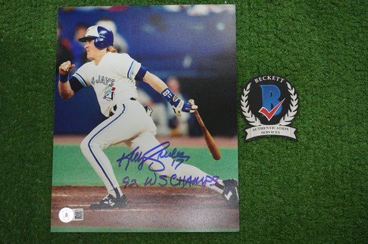KELLY GRUBER Signed 8x10 AT-BAT Photo TORONTO BLUE JAYS w/"92 W.S Champs" BAS
