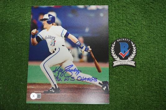KELLY GRUBER Signed 8x10 AT-BAT Photo TORONTO BLUE JAYS w/"92 W.S Champs" BAS