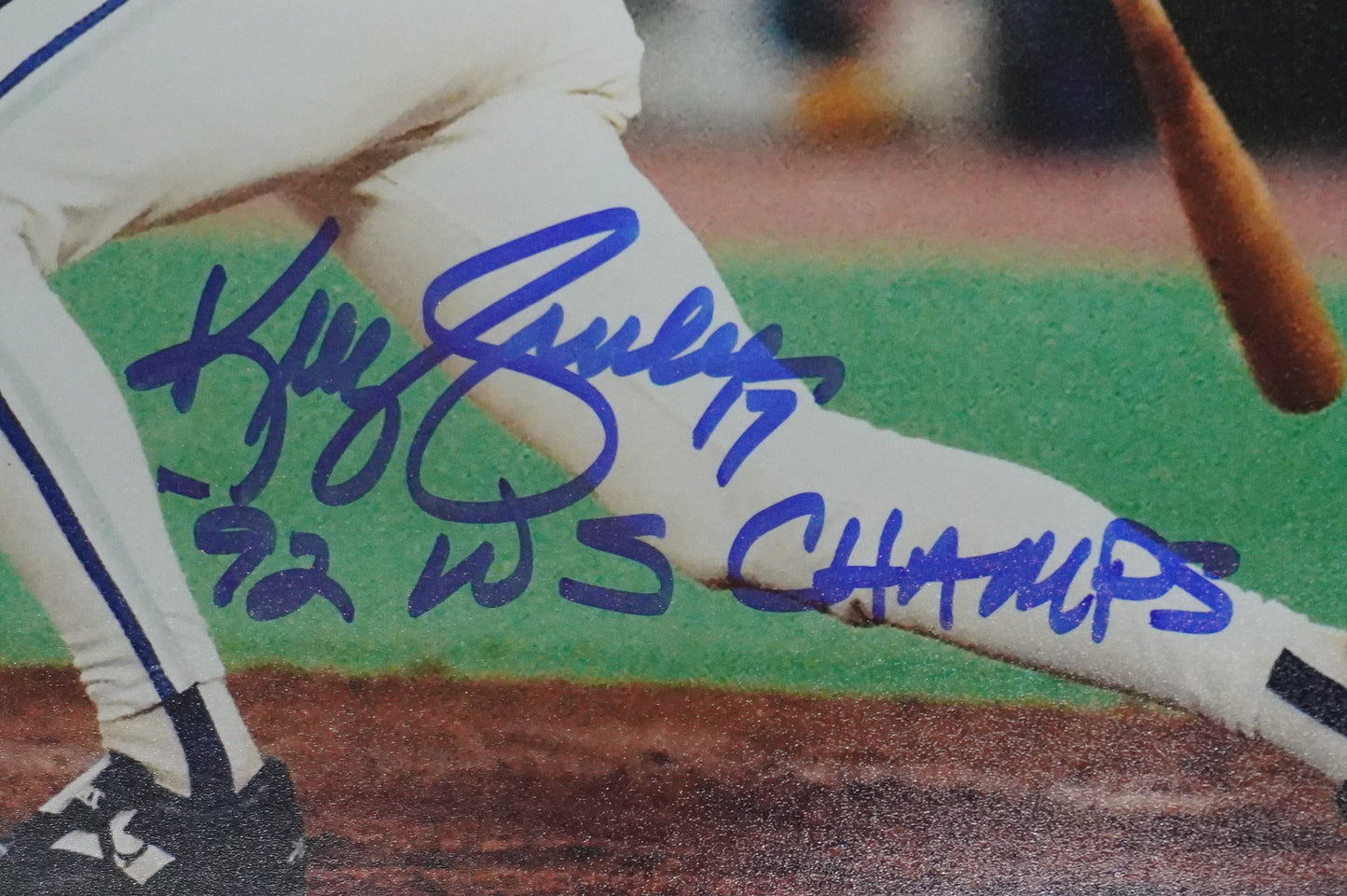KELLY GRUBER Signed 8x10 AT-BAT Photo TORONTO BLUE JAYS w/"92 W.S Champs" BAS