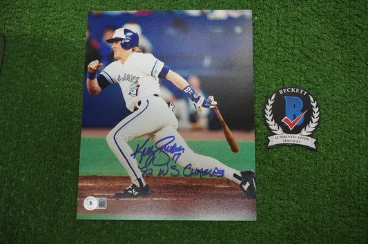 KELLY GRUBER Signed 8x10 AT-BAT Photo TORONTO BLUE JAYS w/"92 W.S Champs" BAS