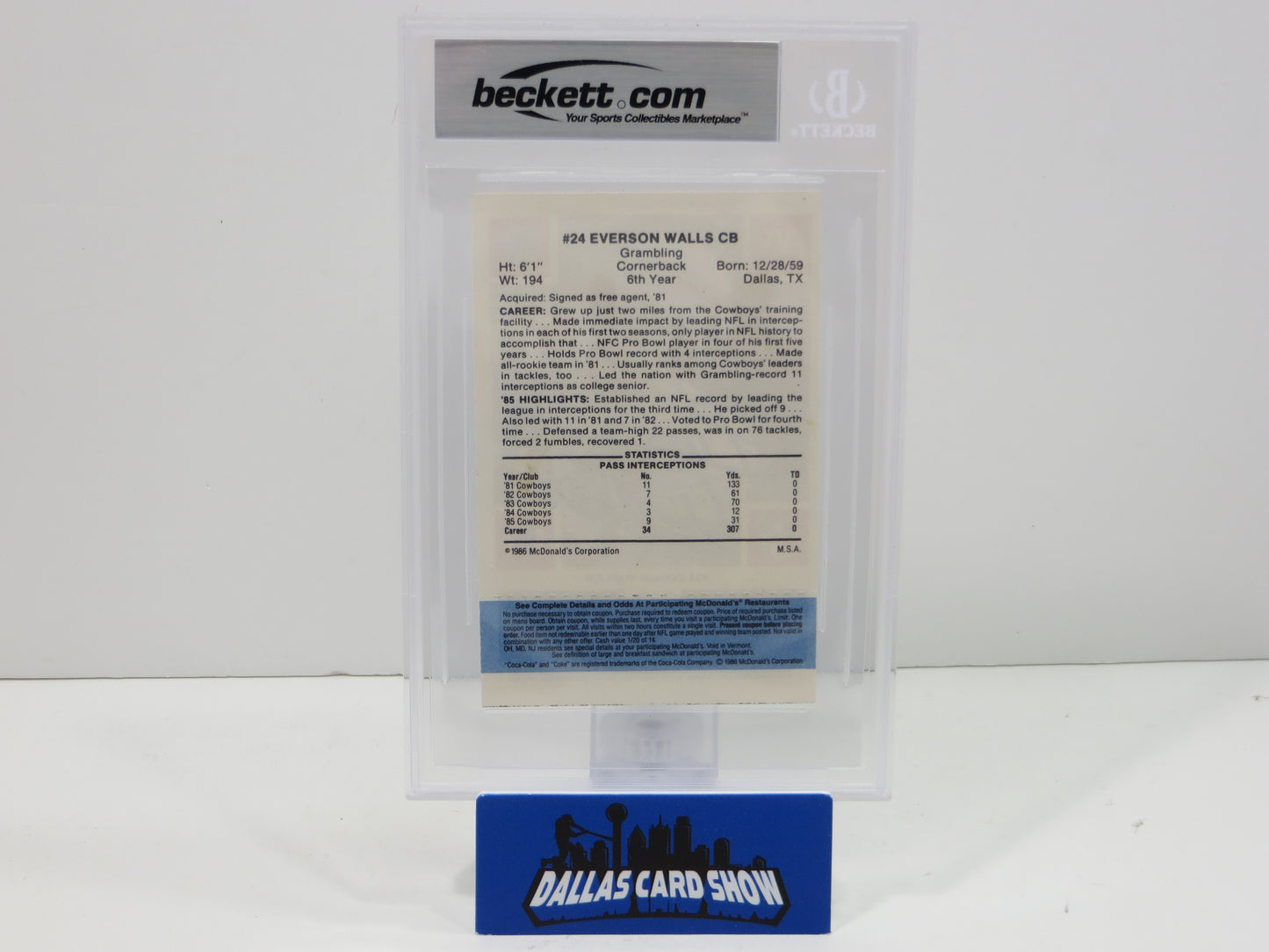 EVERSON WALLS SIGNED 1986 McDonald's DALLAS COWBOYS #24 BGS BAS SLAB AUTO 10
