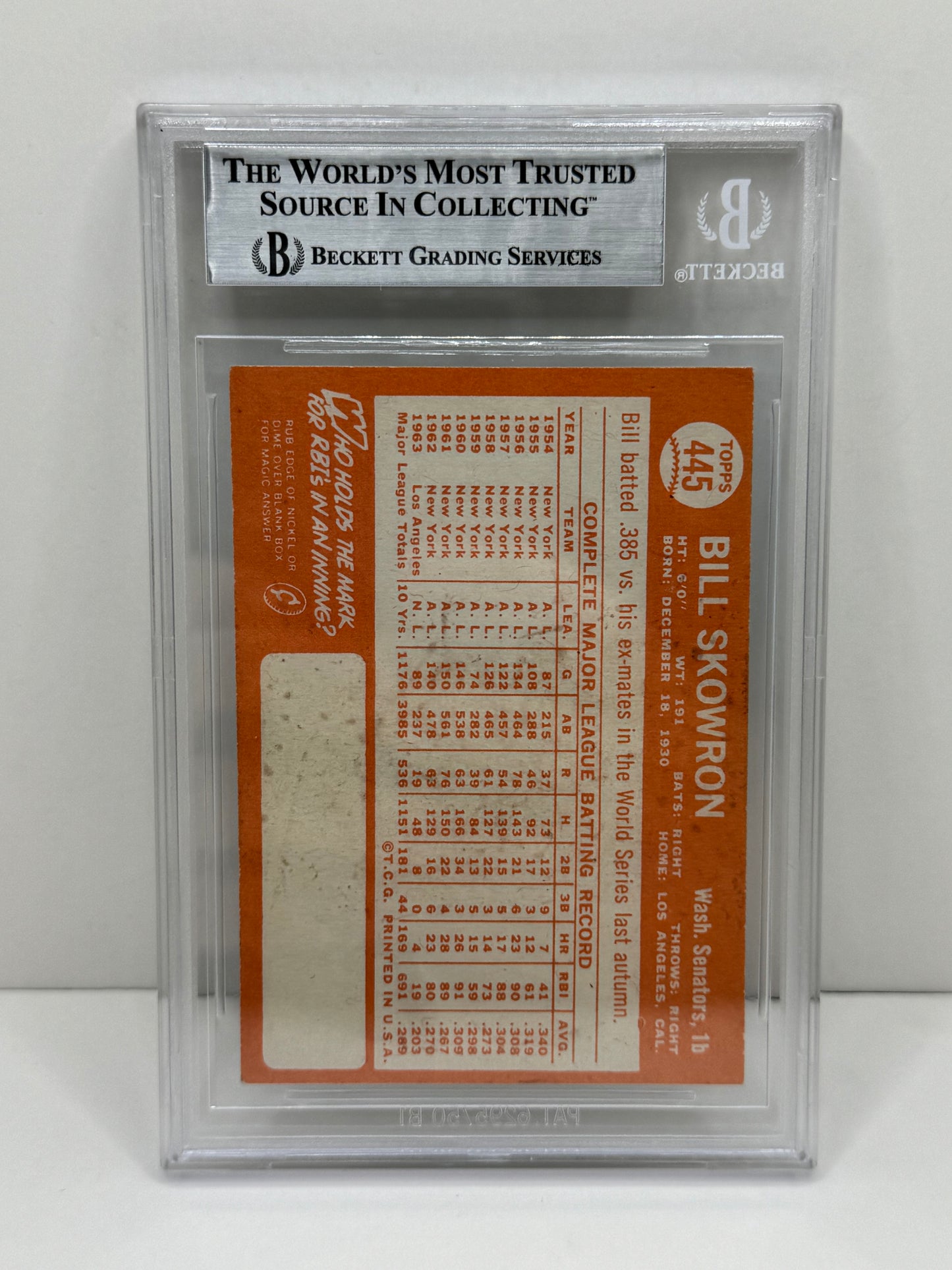 1964 Topps Bill Skowron #445 On Card Auto Beckett Authentic