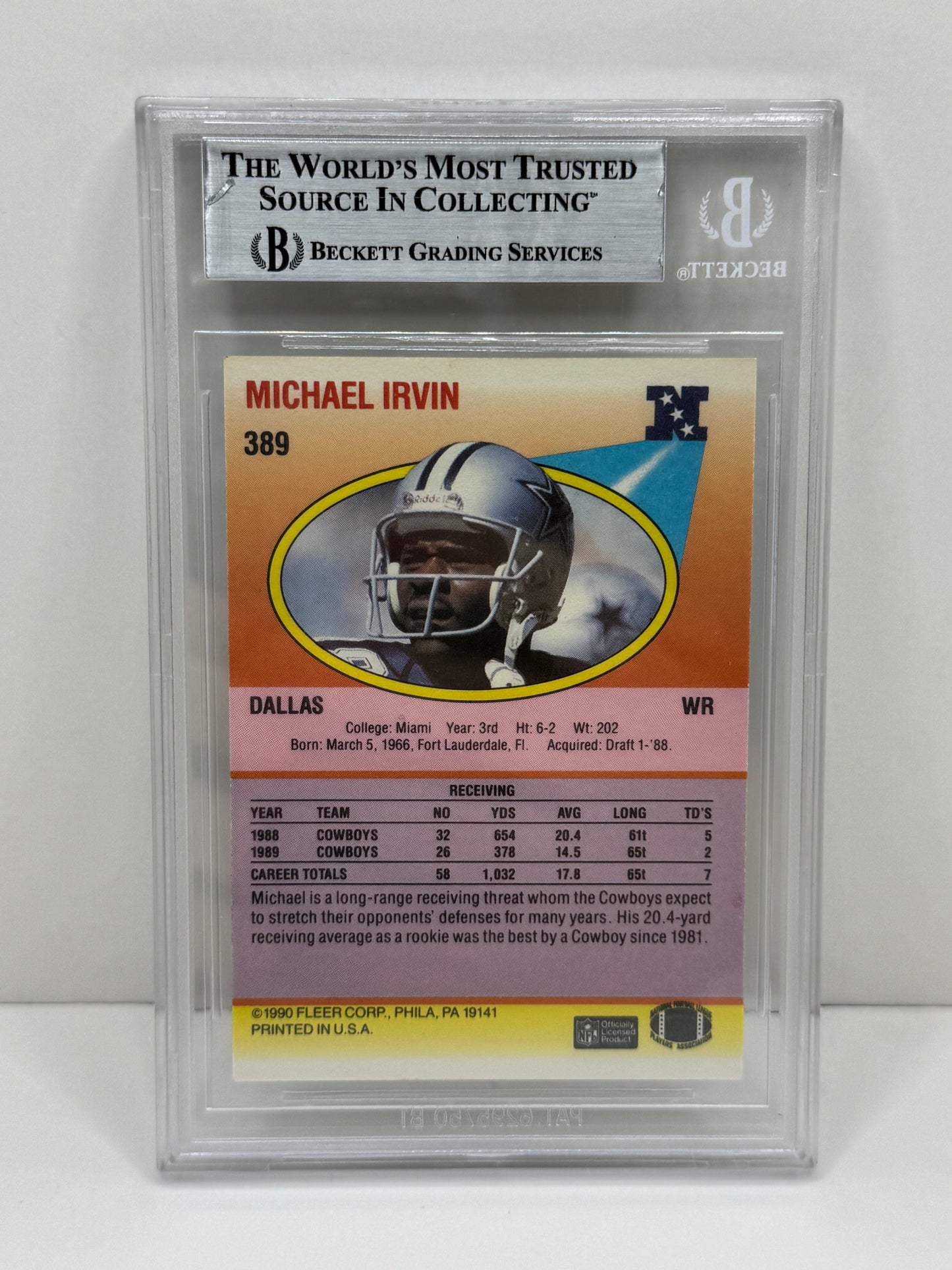 1990 Fleer Michael Irvin #389 On Card Auto Beckett Authentic