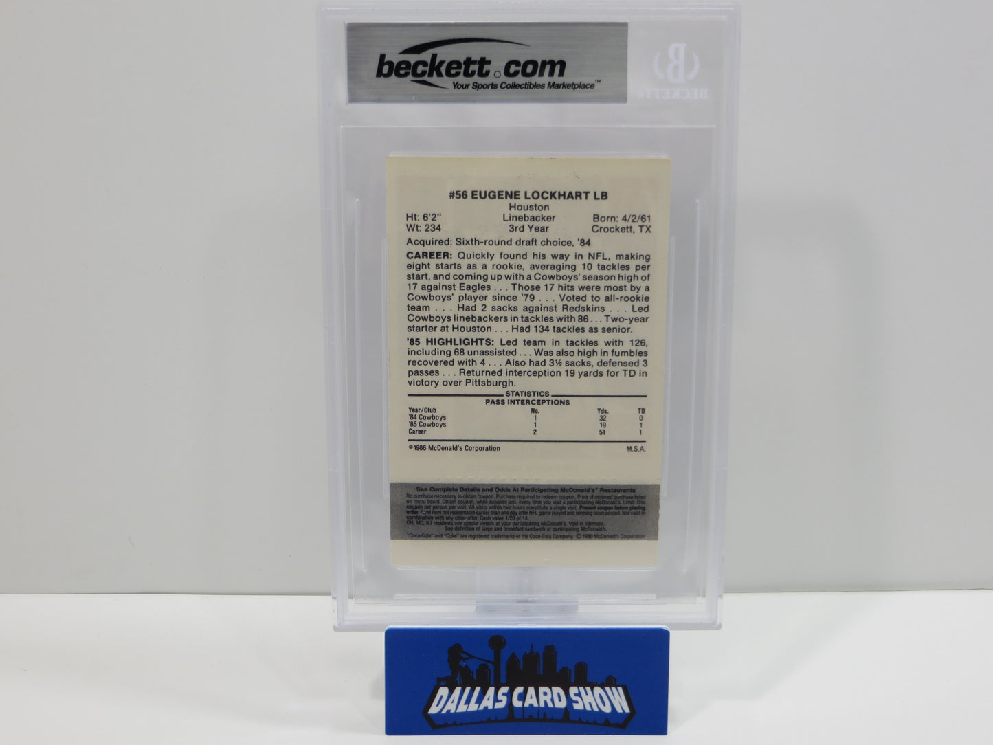 EUGENE LOCKHART SIGNED 1986 McDONALDs DALLAS COWBOYS BGS BAS SLAB