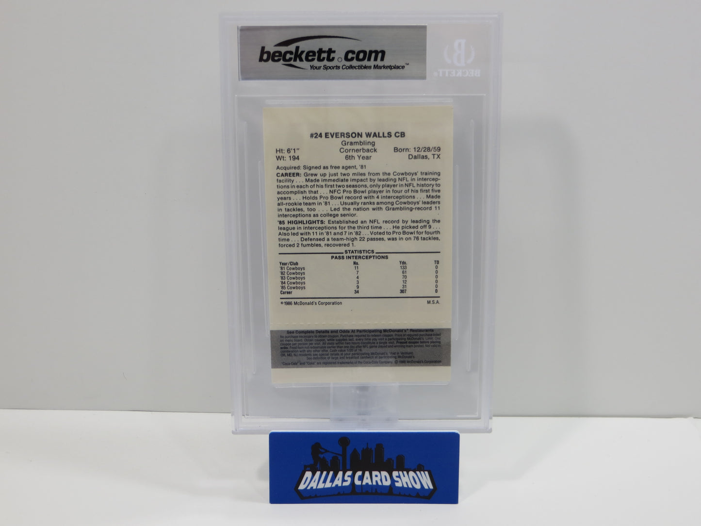 EVERSON WALLS SIGNED 1986 McDONALDs DALLAS COWBOYS BGS BAS SLAB AUTO 10