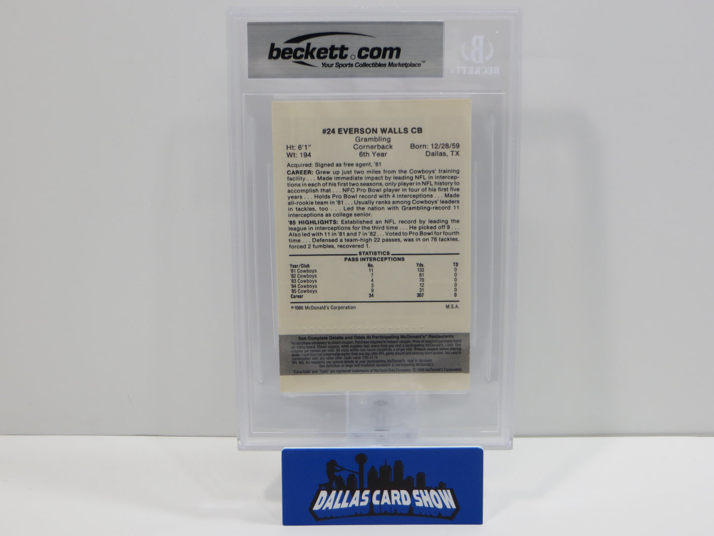 EVERSON WALLS SIGNED 1986 McDONALDs DALLAS COWBOYS BGS BAS SLAB AUTO 10