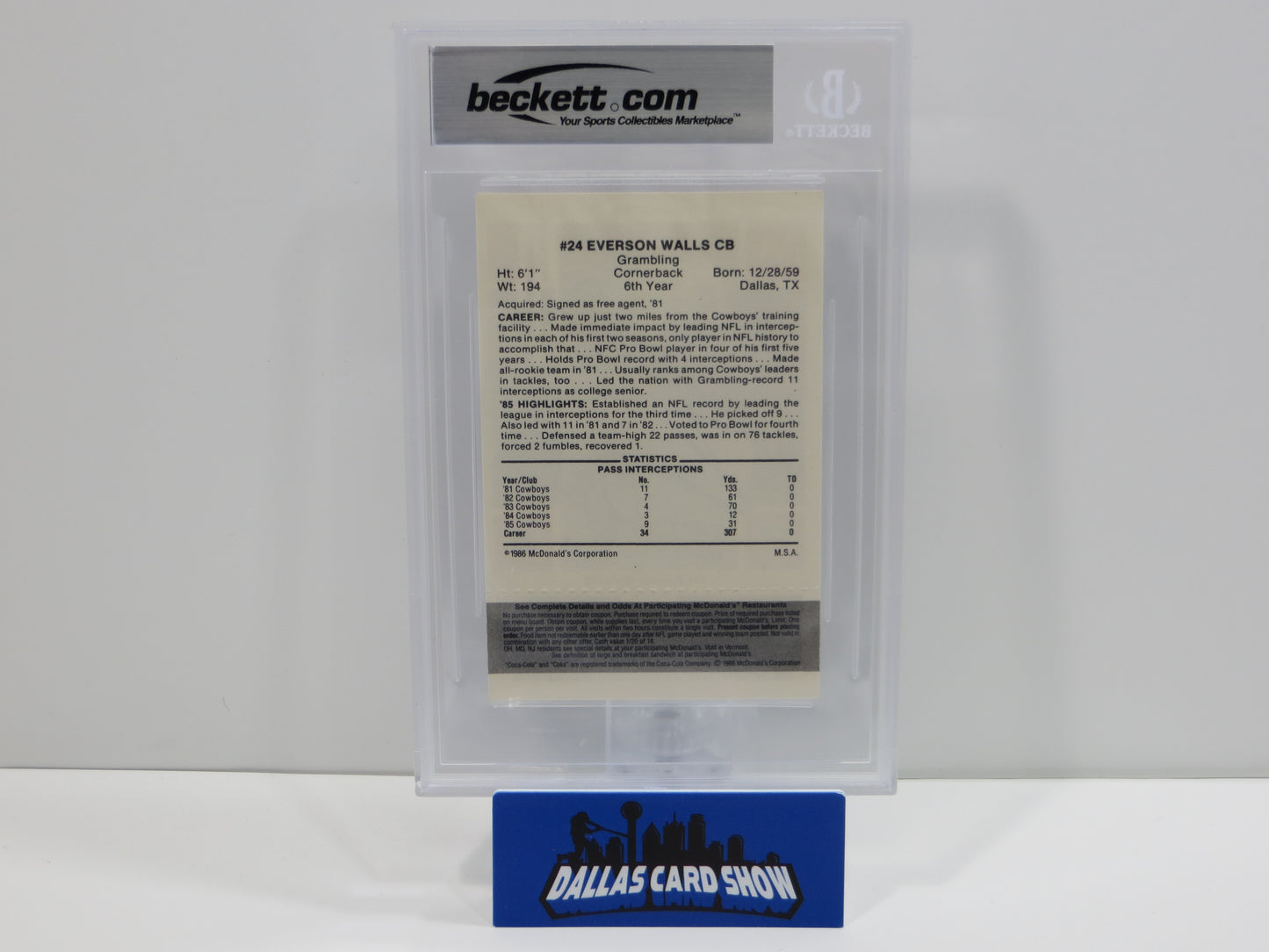 EVERSON WALLS SIGNED 1986 McDONALDs DALLAS COWBOYS BGS BAS SLAB AUTO 10