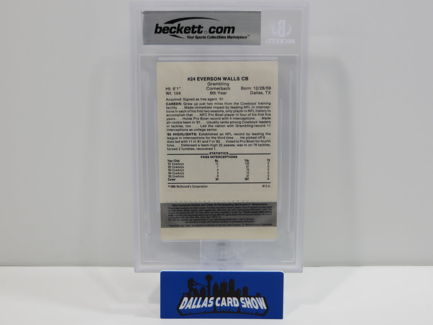 EVERSON WALLS SIGNED 1986 McDONALDs DALLAS COWBOYS BGS BAS SLAB AUTO 10