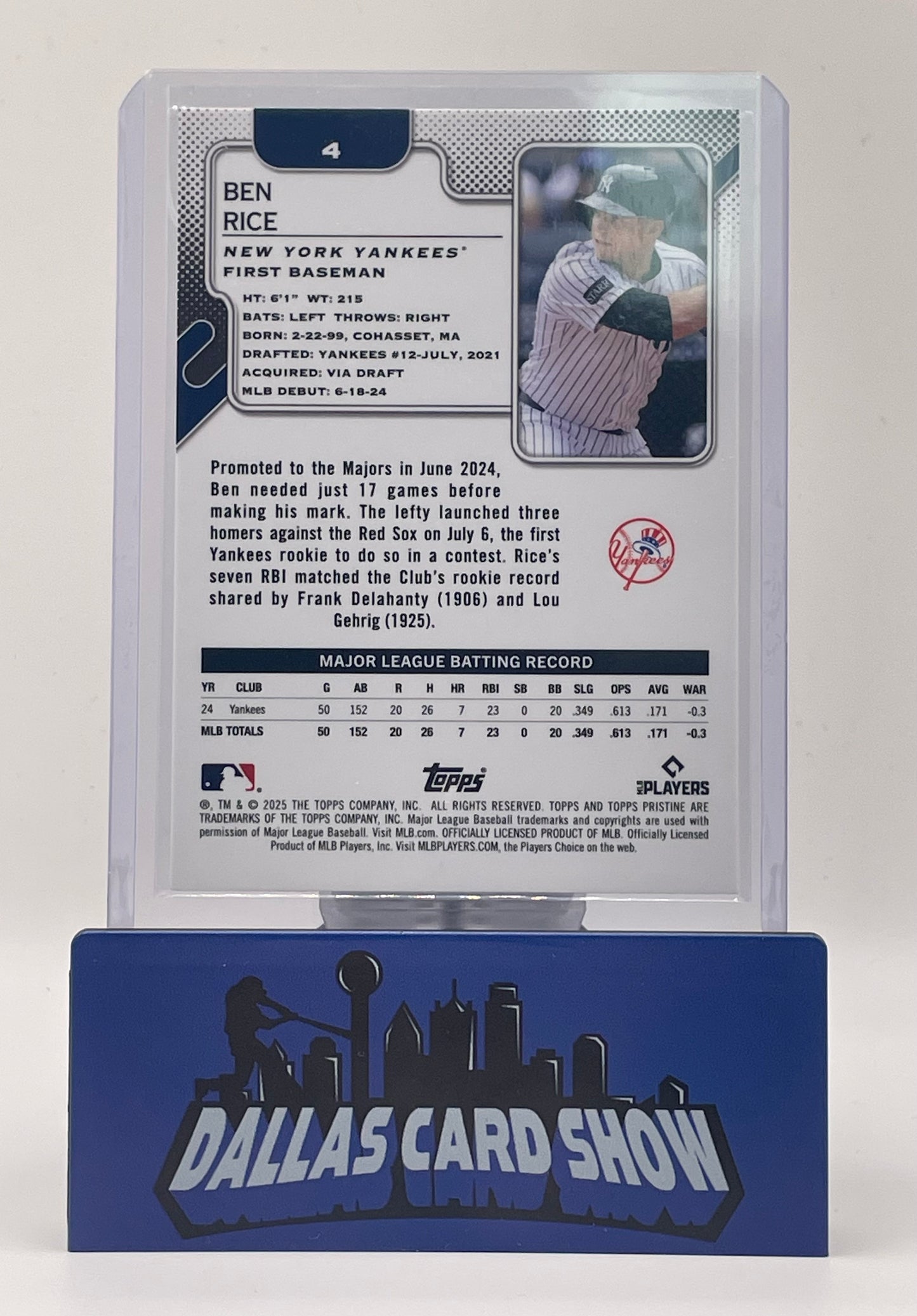 2025 Topps Pristine #4 Ben Rice Purple Rookie RC /99