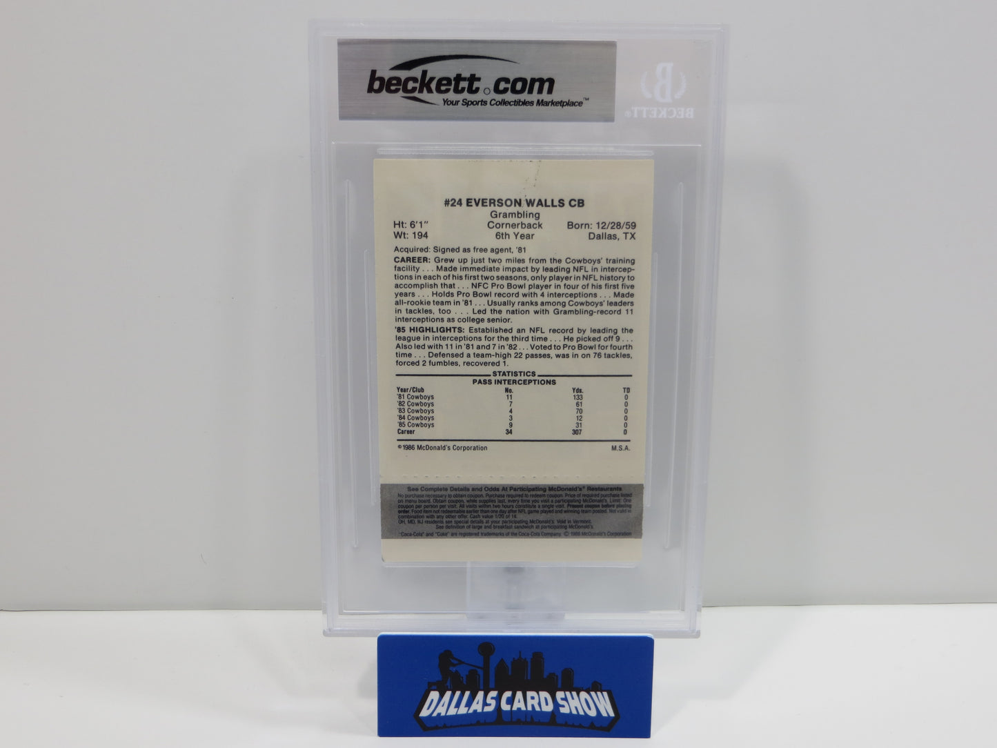 EVERSON WALLS SIGNED 1986 McDONALDs DALLAS COWBOYS BGS BAS SLAB AUTO 10