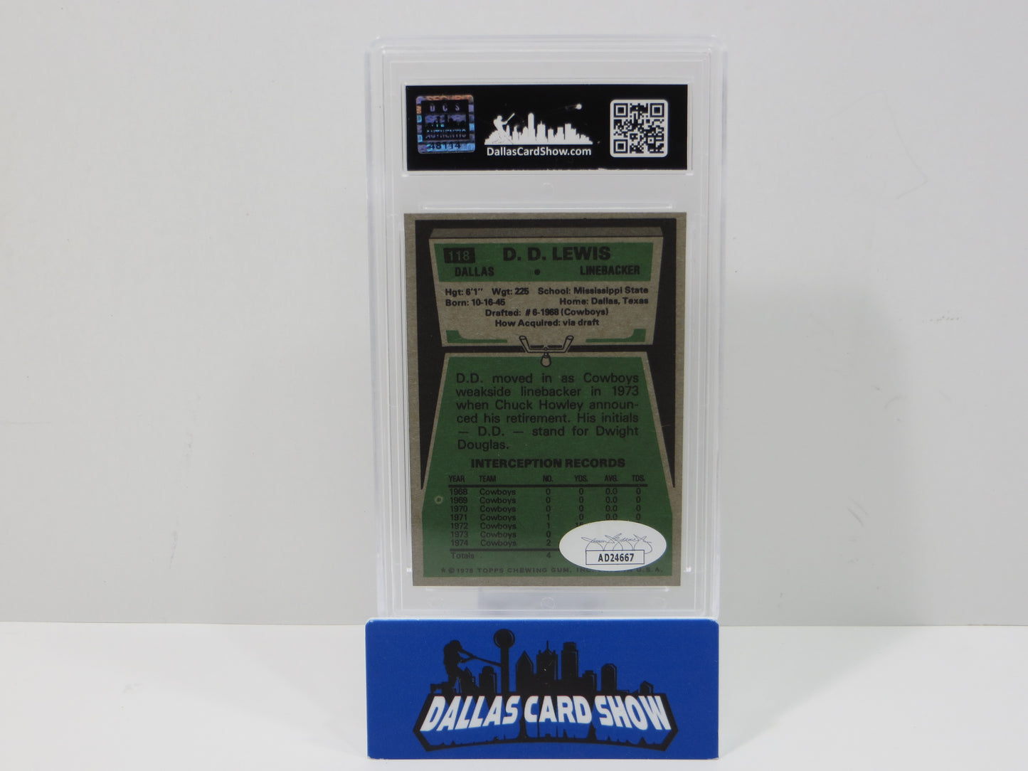 DD LEWIS SIGNED 1975 TOPPS Football Card #26 JSA SLAB Authentic AUTO
