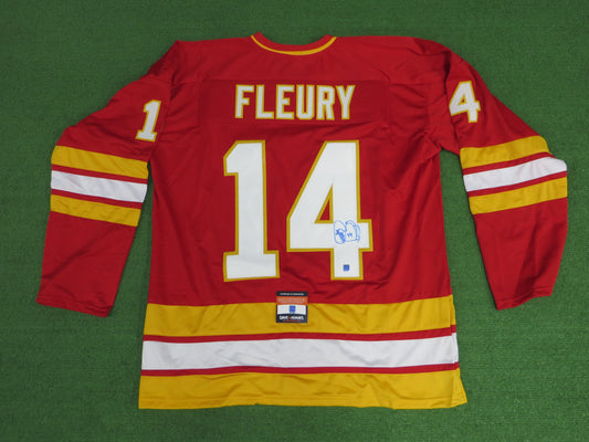 THEO FLEURY Calgary Flames SIGNED FOOTBALL JERSEY XL Dave Adams