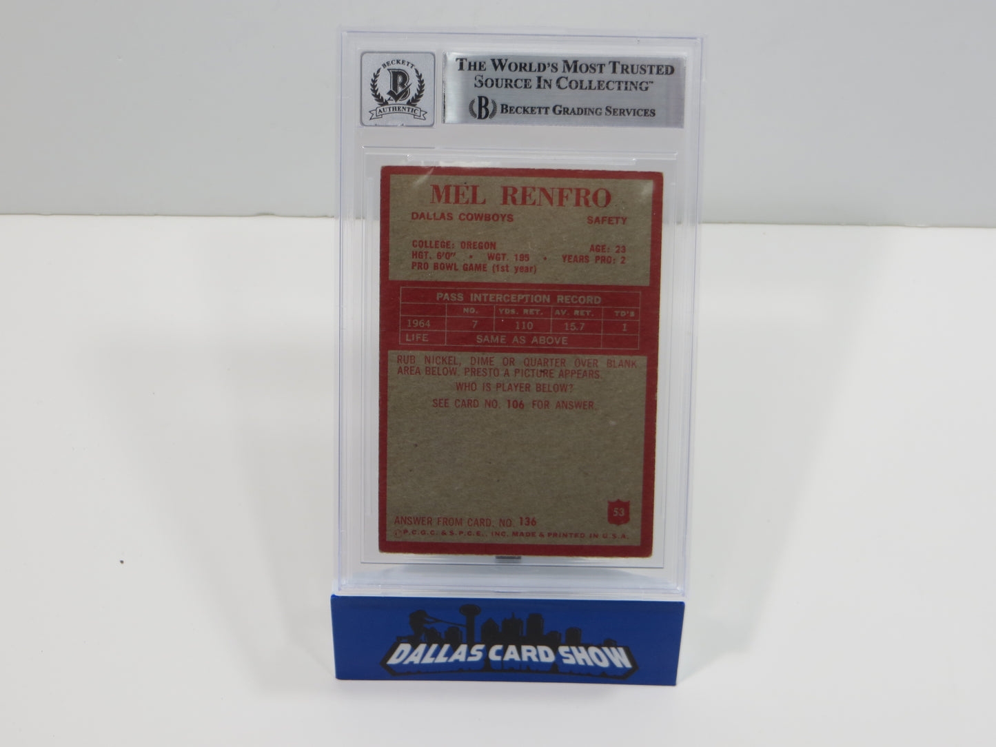 MEL RENFRO DALLAS COWBOYS SIGNED 1965 Philadelphia #53 BGS BAS AUTO 10 Rookie