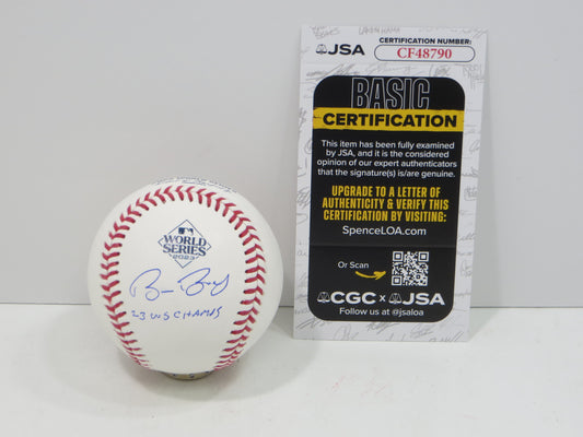 BRUCE BOCHY SIGNED Rawlings 2023 World Series BASEBALL w/INSC Texas Rangers JSA