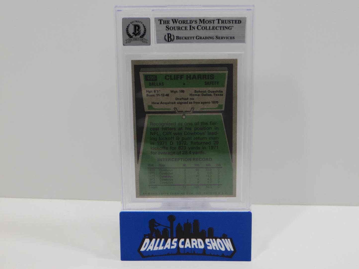CLIFF HARRIS SIGNED 1975 TOPPS #490 DALLAS COWBOYS BGS BAS SLAB AUTO 10
