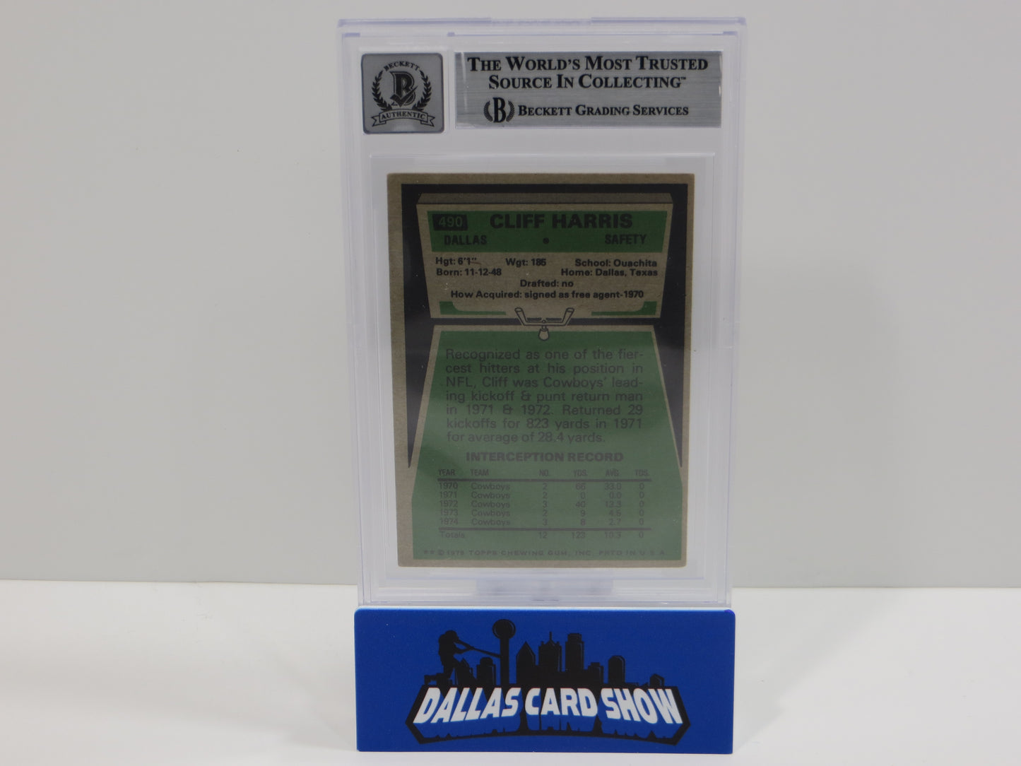 CLIFF HARRIS SIGNED 1975 TOPPS #490 DALLAS COWBOYS BGS BAS SLAB AUTO 10