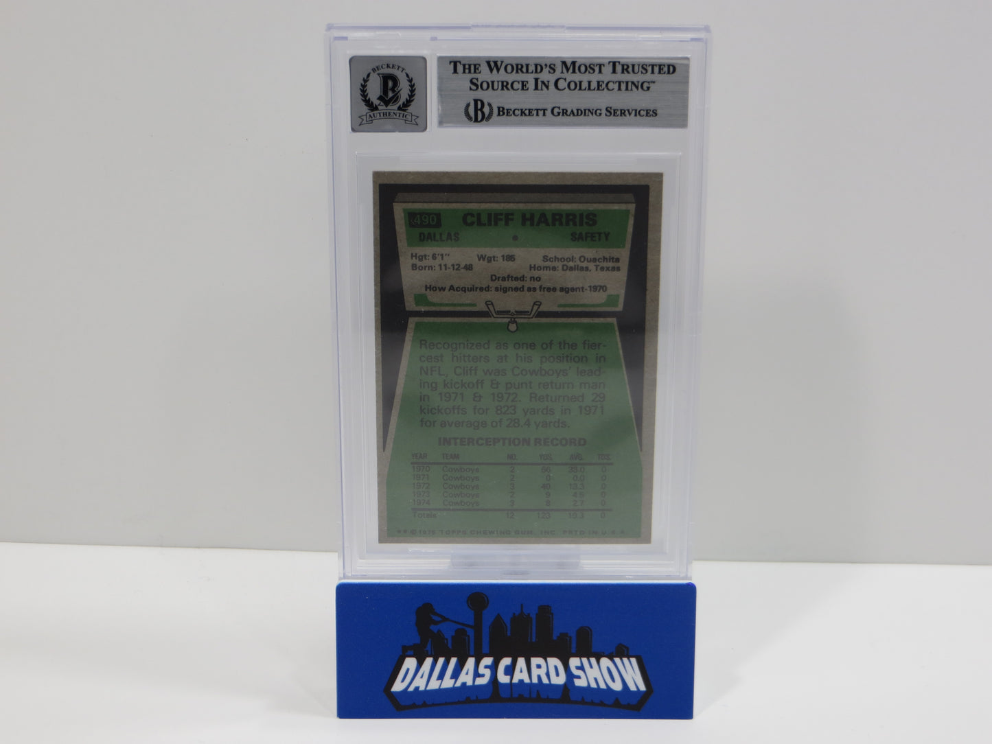 CLIFF HARRIS SIGNED 1975 TOPPS #490 DALLAS COWBOYS BGS BAS SLAB AUTO 10