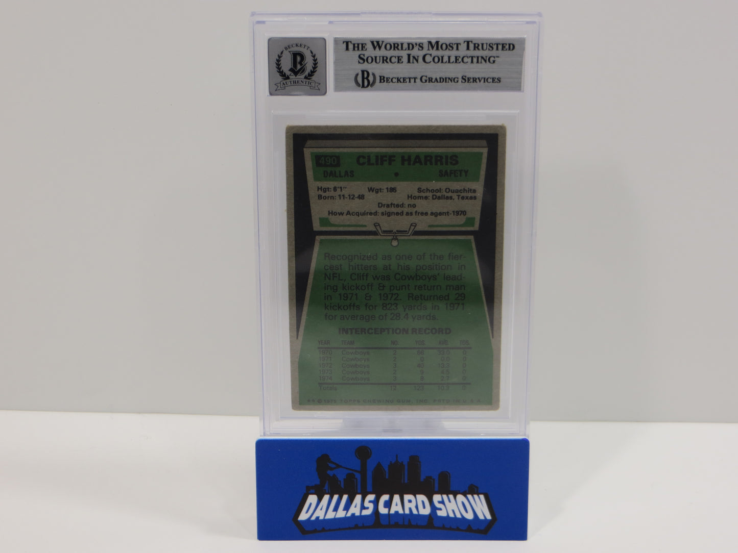 CLIFF HARRIS SIGNED 1975 TOPPS #490 DALLAS COWBOYS BGS BAS SLAB AUTO 10