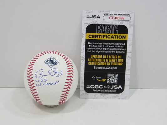 BRUCE BOCHY SIGNED Rawlings 2023 World Series BASEBALL w/INSC Texas Rangers JSA