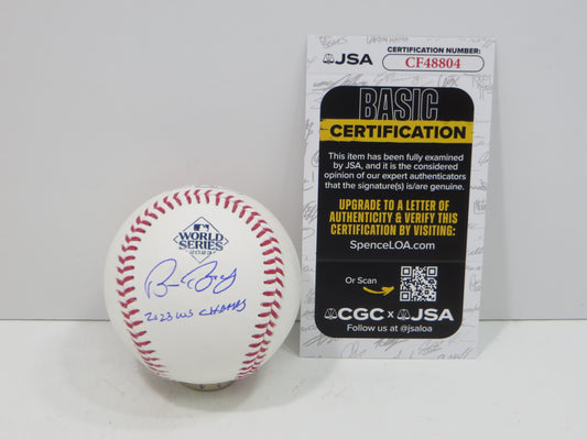 BRUCE BOCHY SIGNED Rawlings 2023 World Series BASEBALL w/INSC Texas Rangers JSA