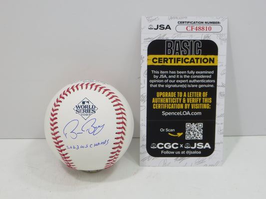BRUCE BOCHY SIGNED Rawlings 2023 World Series BASEBALL w/INSC Texas Rangers JSA