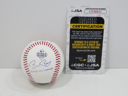 BRUCE BOCHY SIGNED Rawlings 2023 World Series BASEBALL w/INSC Texas Rangers JSA