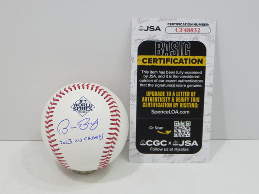 BRUCE BOCHY SIGNED Rawlings 2023 World Series BASEBALL w/INSC Texas Rangers JSA
