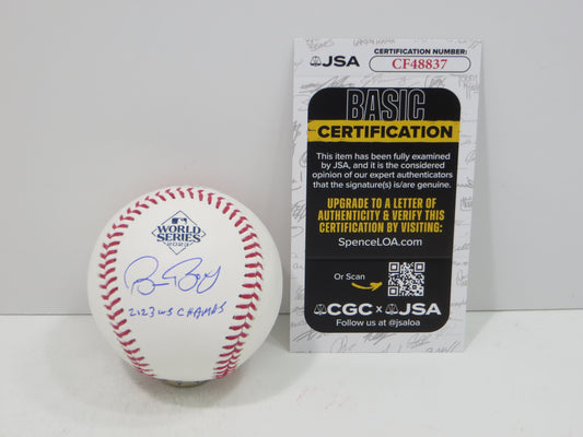 BRUCE BOCHY SIGNED Rawlings 2023 World Series BASEBALL w/INSC Texas Rangers JSA