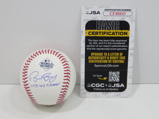 BRUCE BOCHY SIGNED Rawlings 2023 World Series BASEBALL w/INSC Texas Rangers JSA