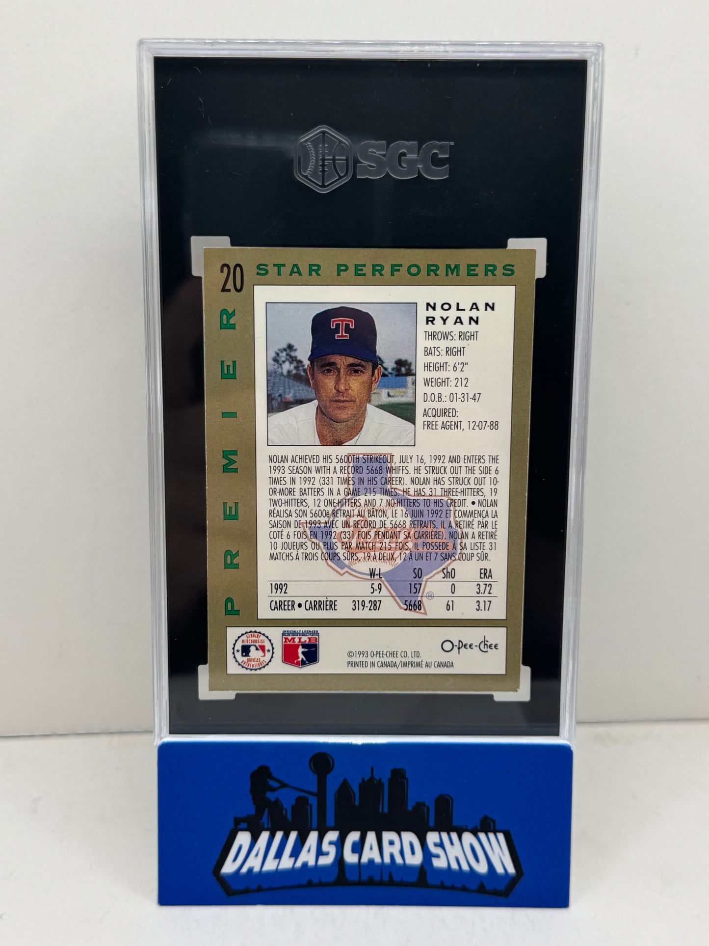 1993 O-Pee Chee Premier #20 Nolan Ryan Star Performers Foil SGC 9