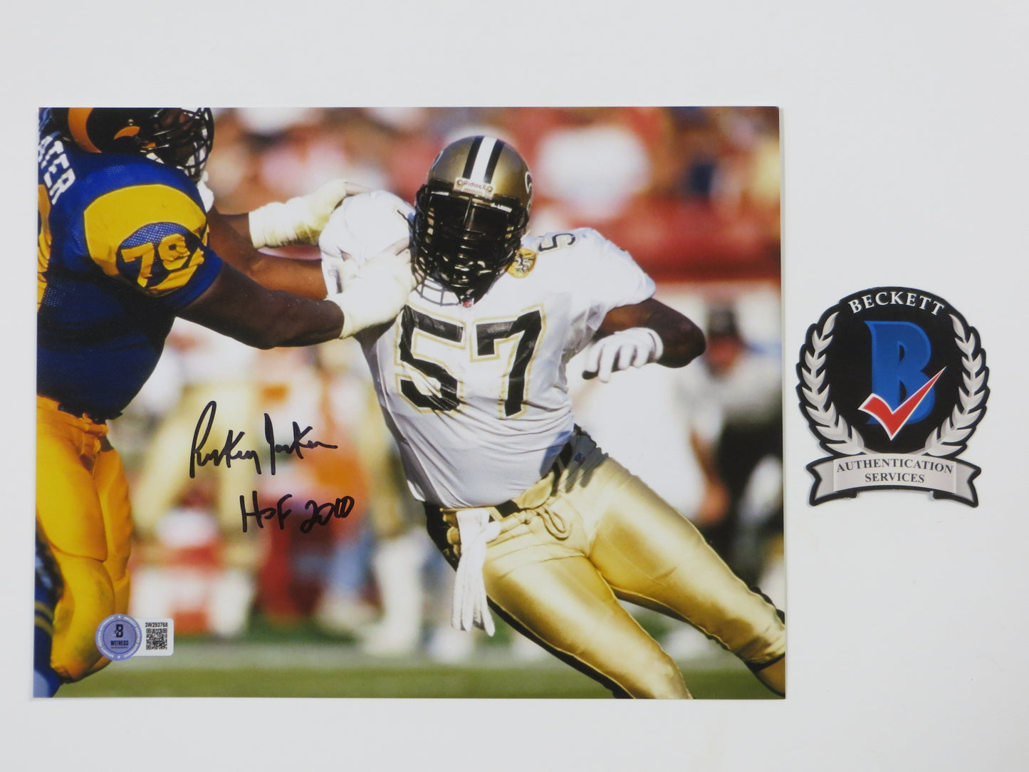 RICKEY JACKSON NEW ORLEANS SAINTS SIGNED 8x10 PHOTO vs RAMS w/HOF2010 BAS