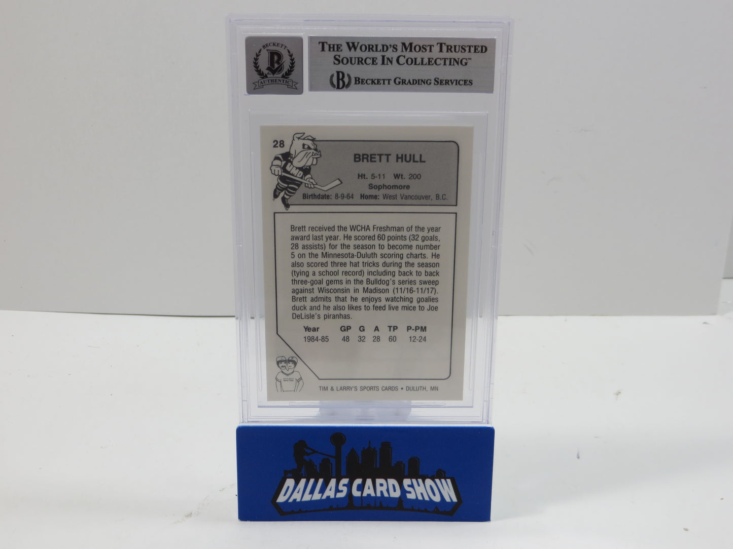 BRETT HULL SIGNED 1988-89 MINNESOTA-DULUTH BULLDOGS #28 BAS SLAB AUTO 10 BLUES