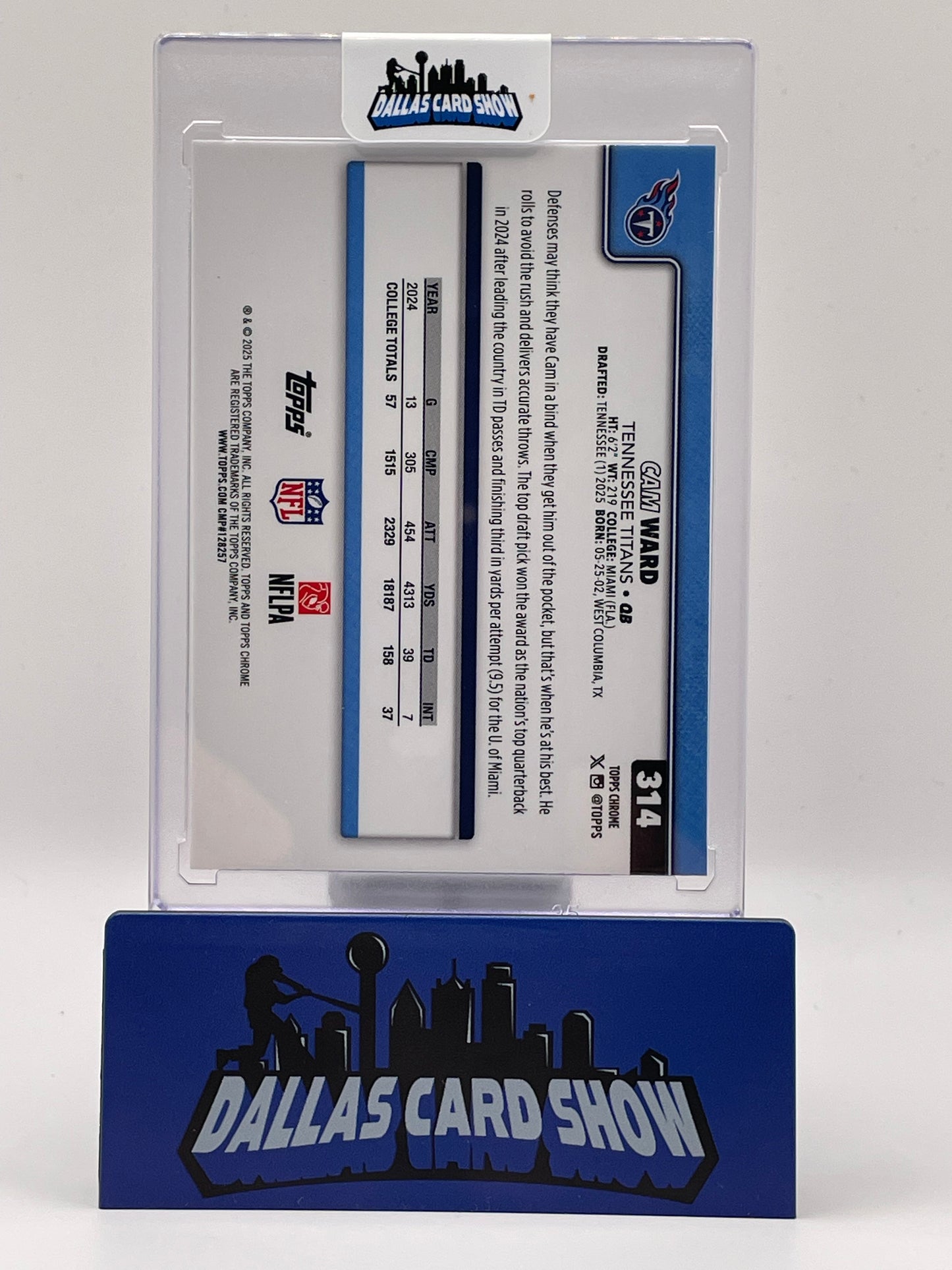 2025 Topps Chrome #314 Cam Ward Rookie RC Blue Football Refractor /150