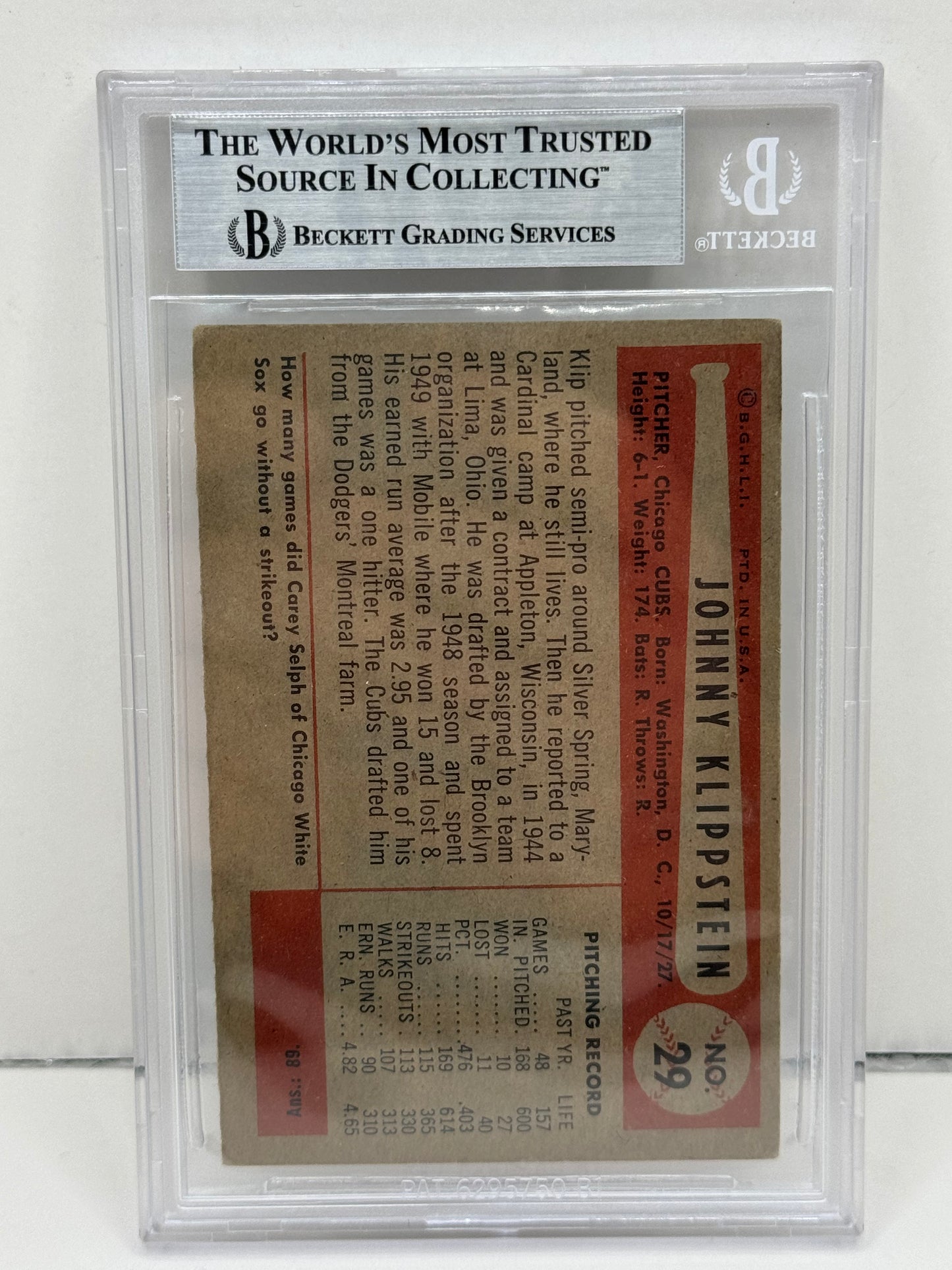 1955 Bowman Johnny Klippstein #29 Auto Beckett Authentic Deceased in 2003
