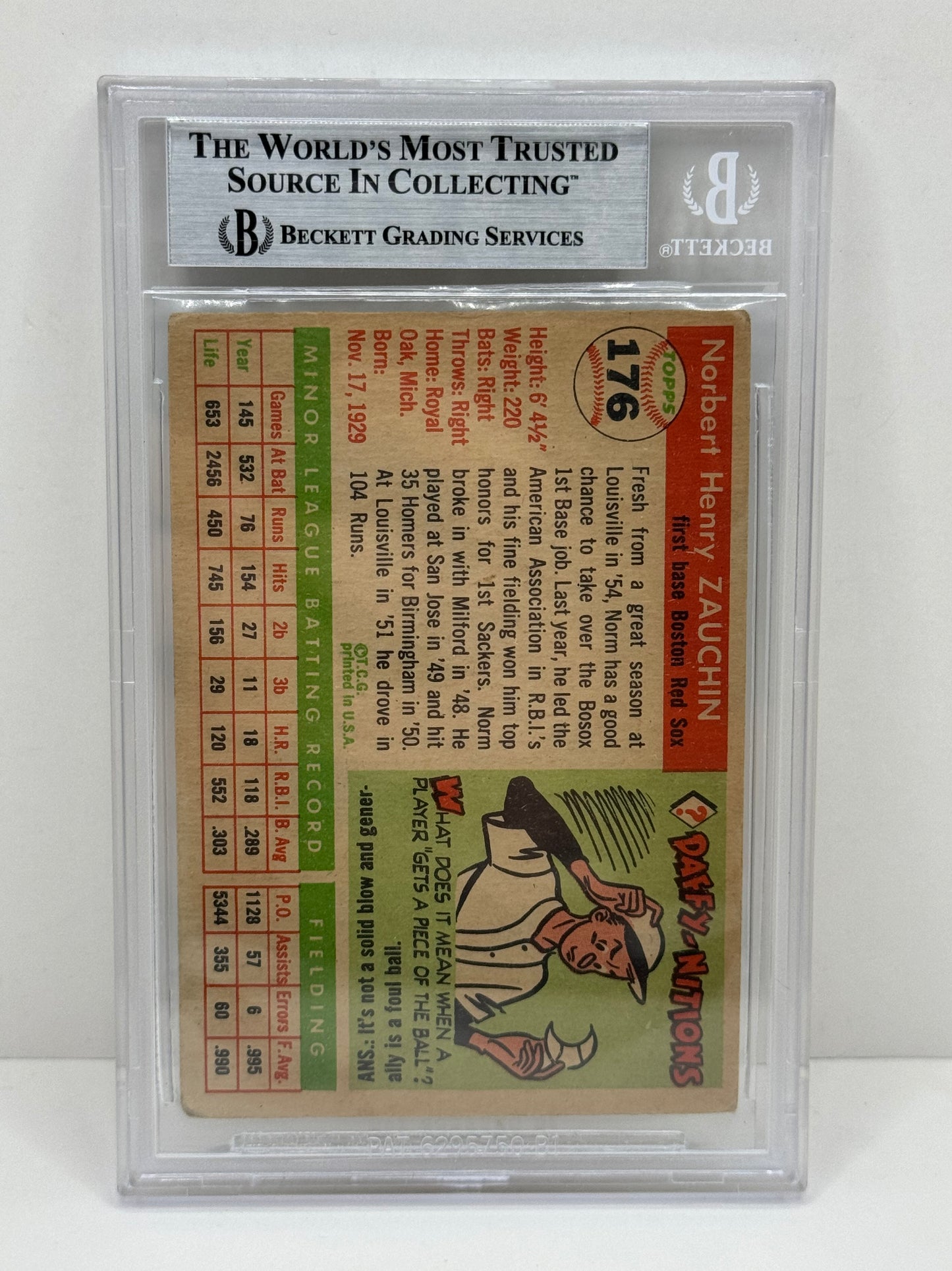 1955 Topps Norm Zauchin #176 Auto Beckett Authentic Deceased in 1999
