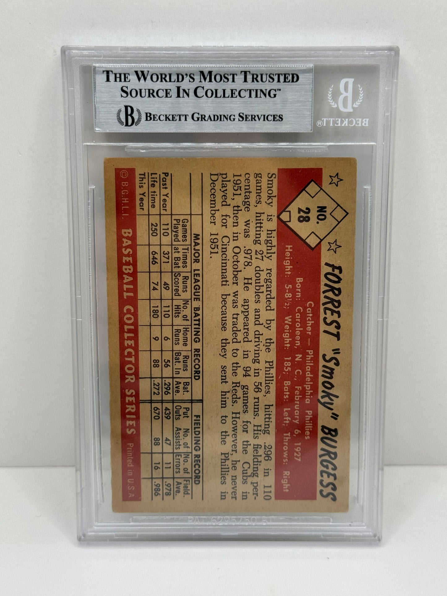 1953 Bowman Color Smoky Burgess #28 Auto Beckett Authenticated Deceased in 1991
