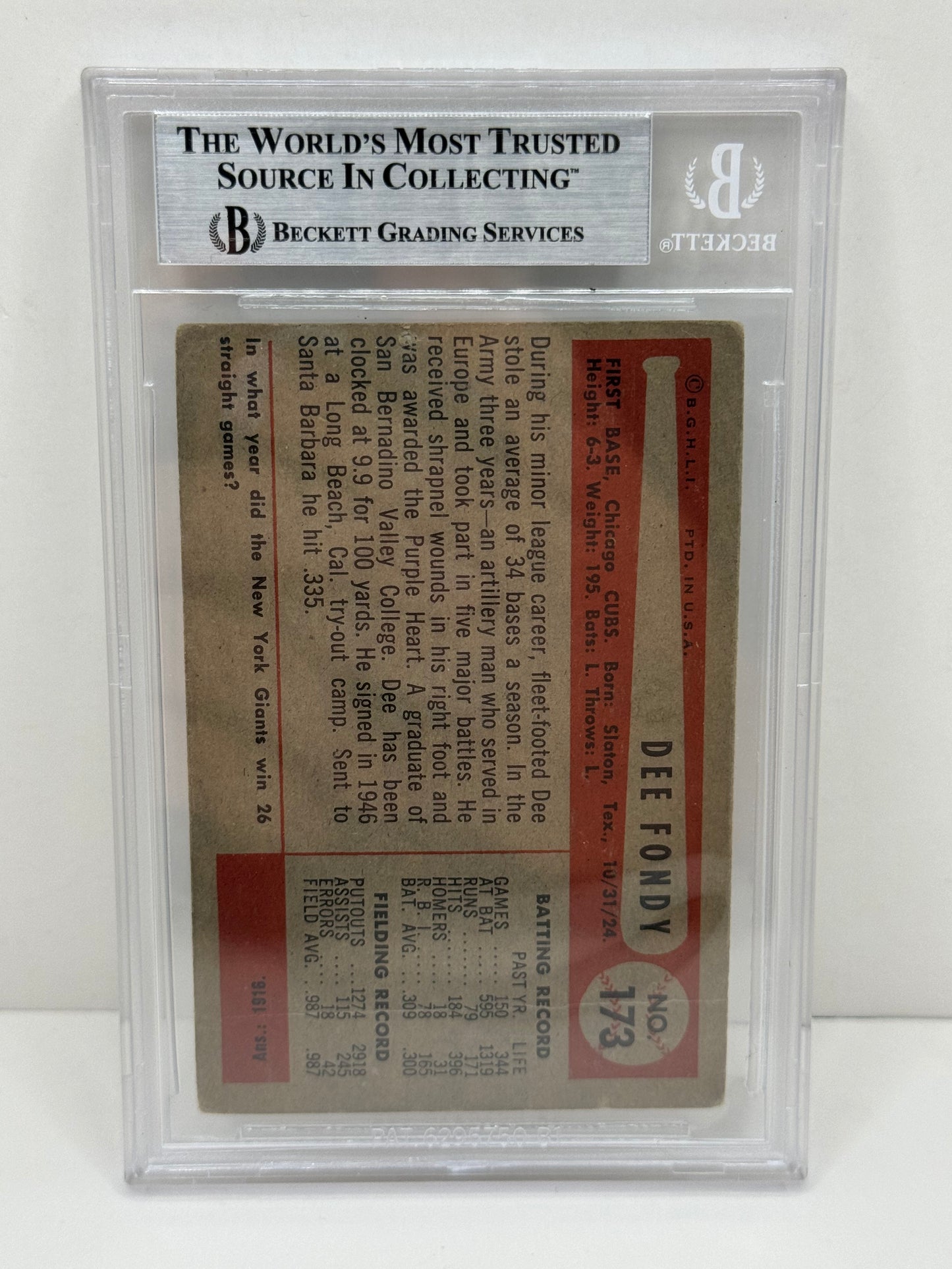 1954 Bowman Dee Fondy #173 Auto Beckett Authentic Deceased In 1999