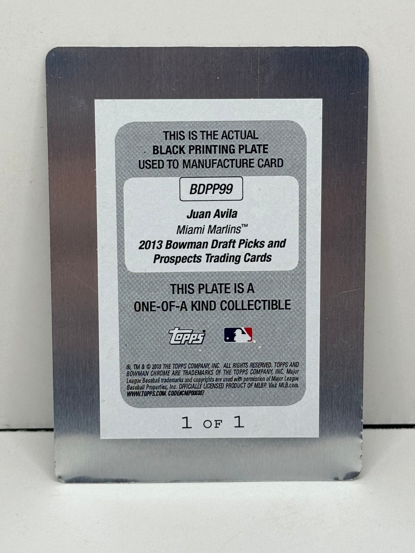 2013 Bowman Chrome Juan Avila Black Printing Plate #1/1 #BDPP99 Miami Marlins