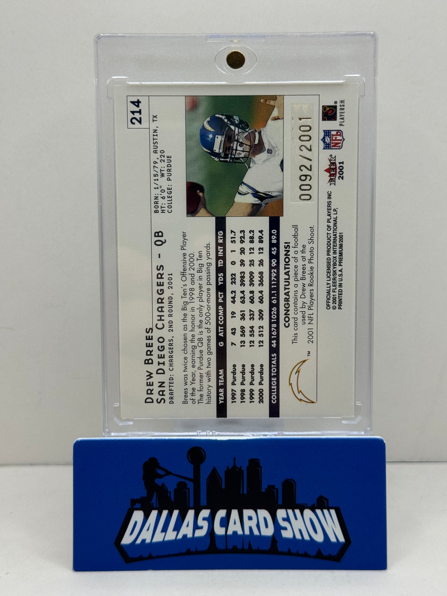 2001 Fleer Premium Rookie Relic #214 Drew Brees /2001 New Orleans Saints
