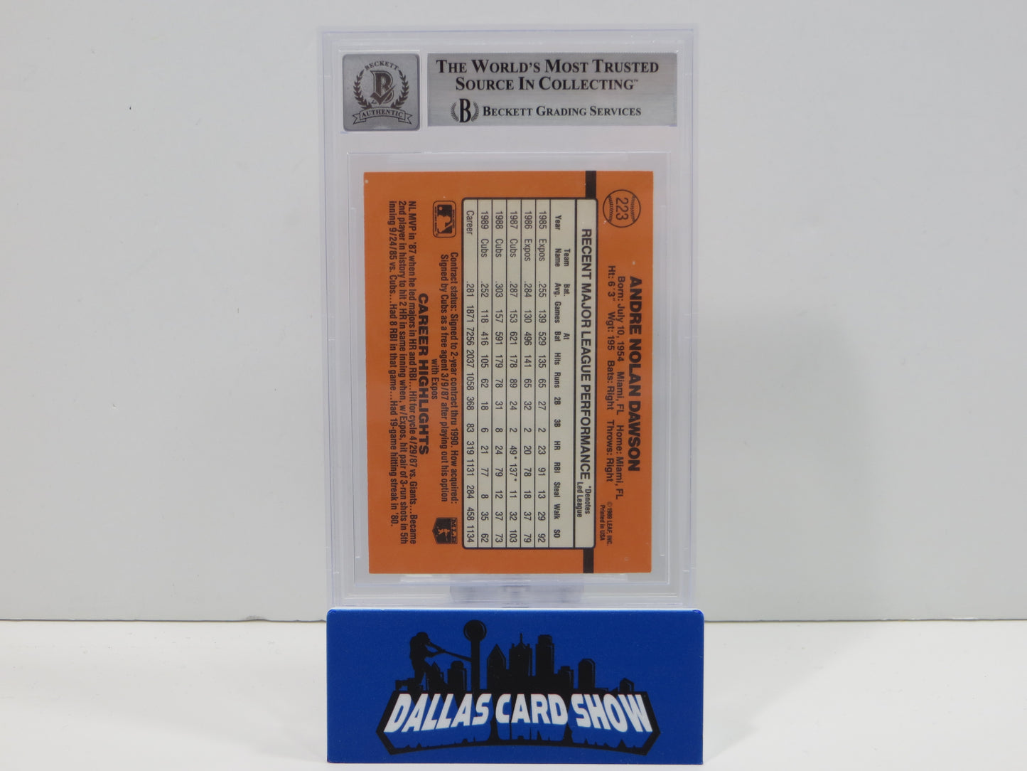 ANDRE DAWSON SIGNED 1990 Donruss Baseball #223 BGS BAS SLAB AUTO 10 Chicago Cubs