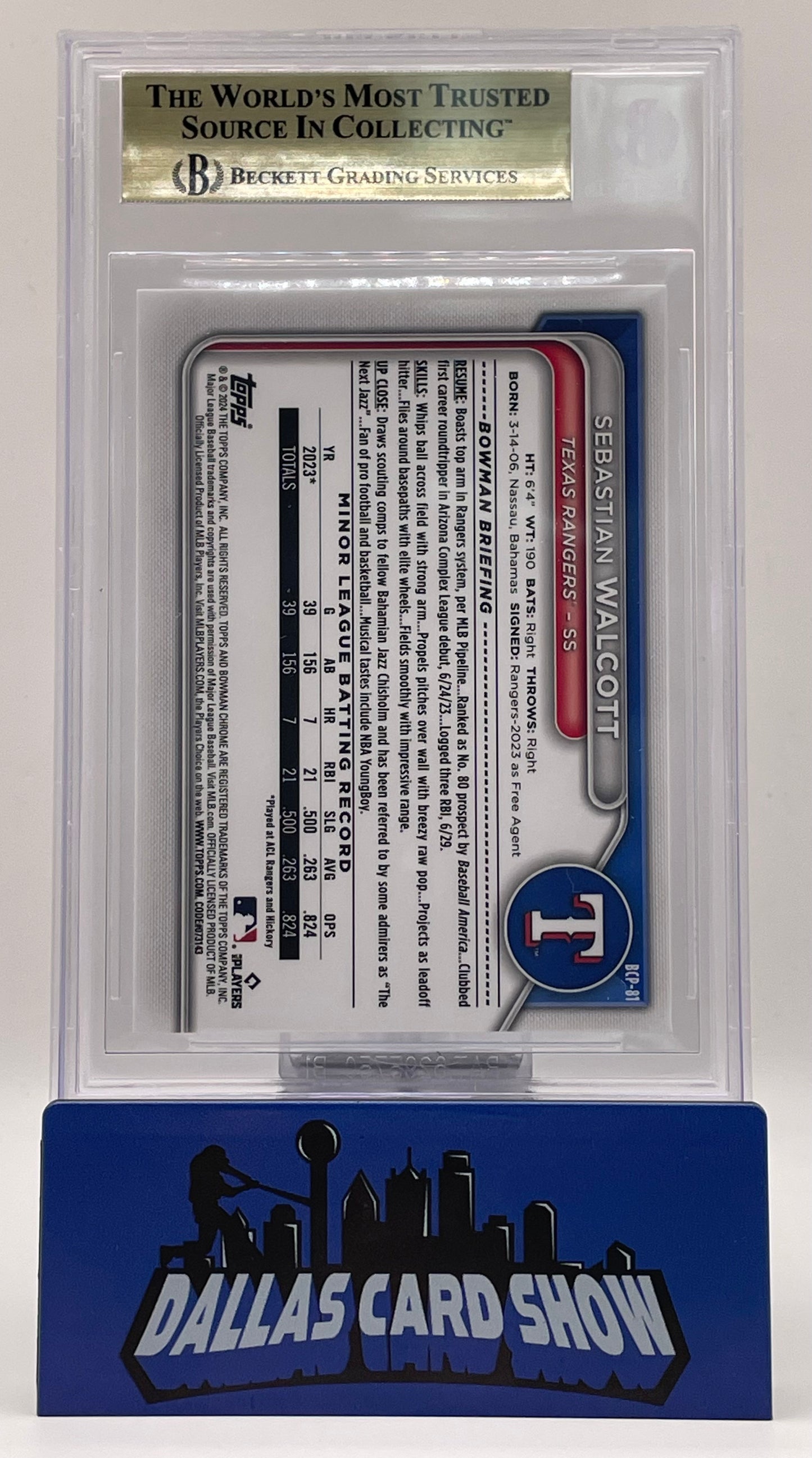 2024 Bowman Chrome #BCP81 Sebastian Walcott Lunar Glow Refractor BGS 9.5