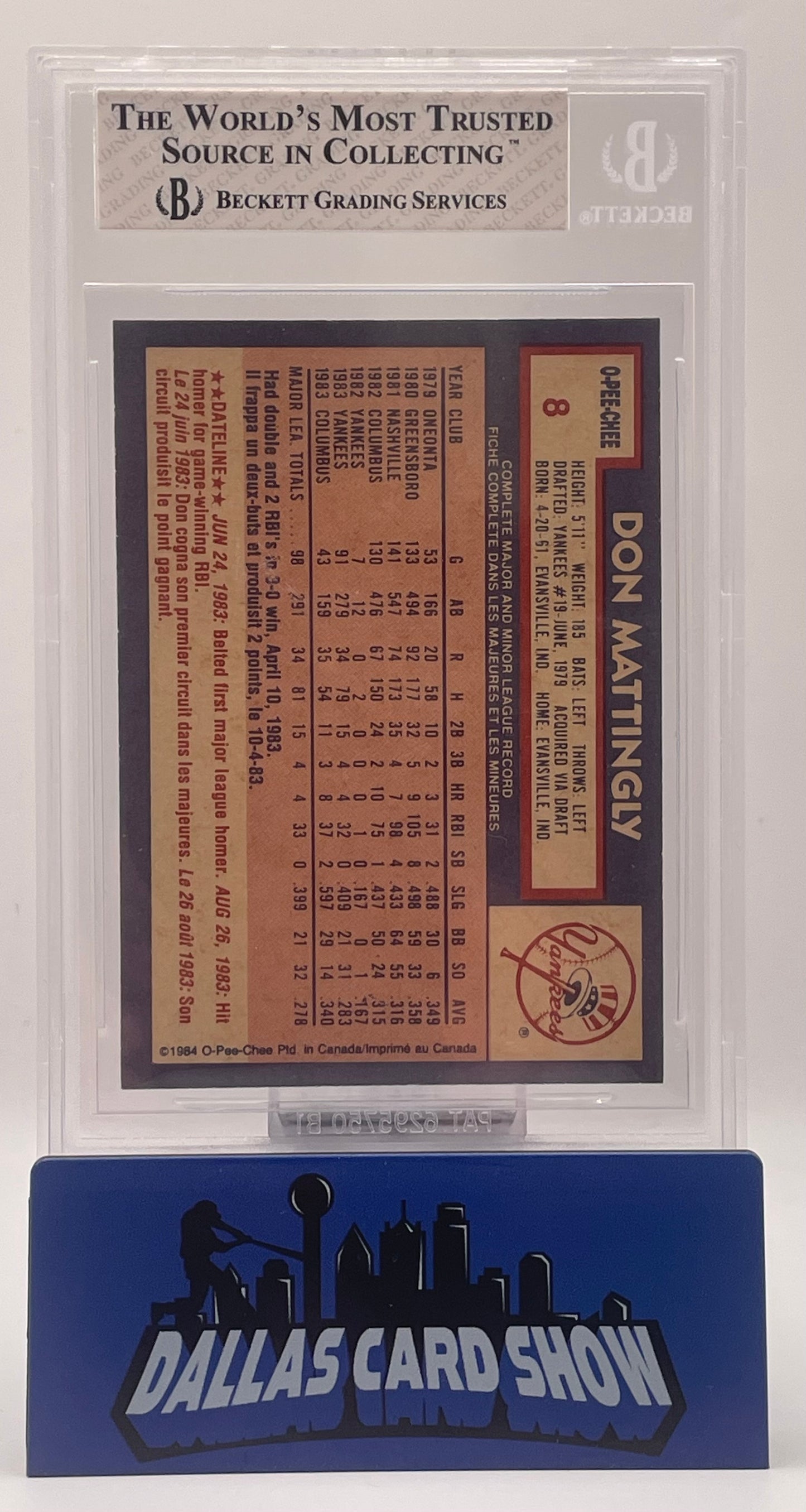 1984 O-Pee-Chee #8 Don Mattingly BGS 8