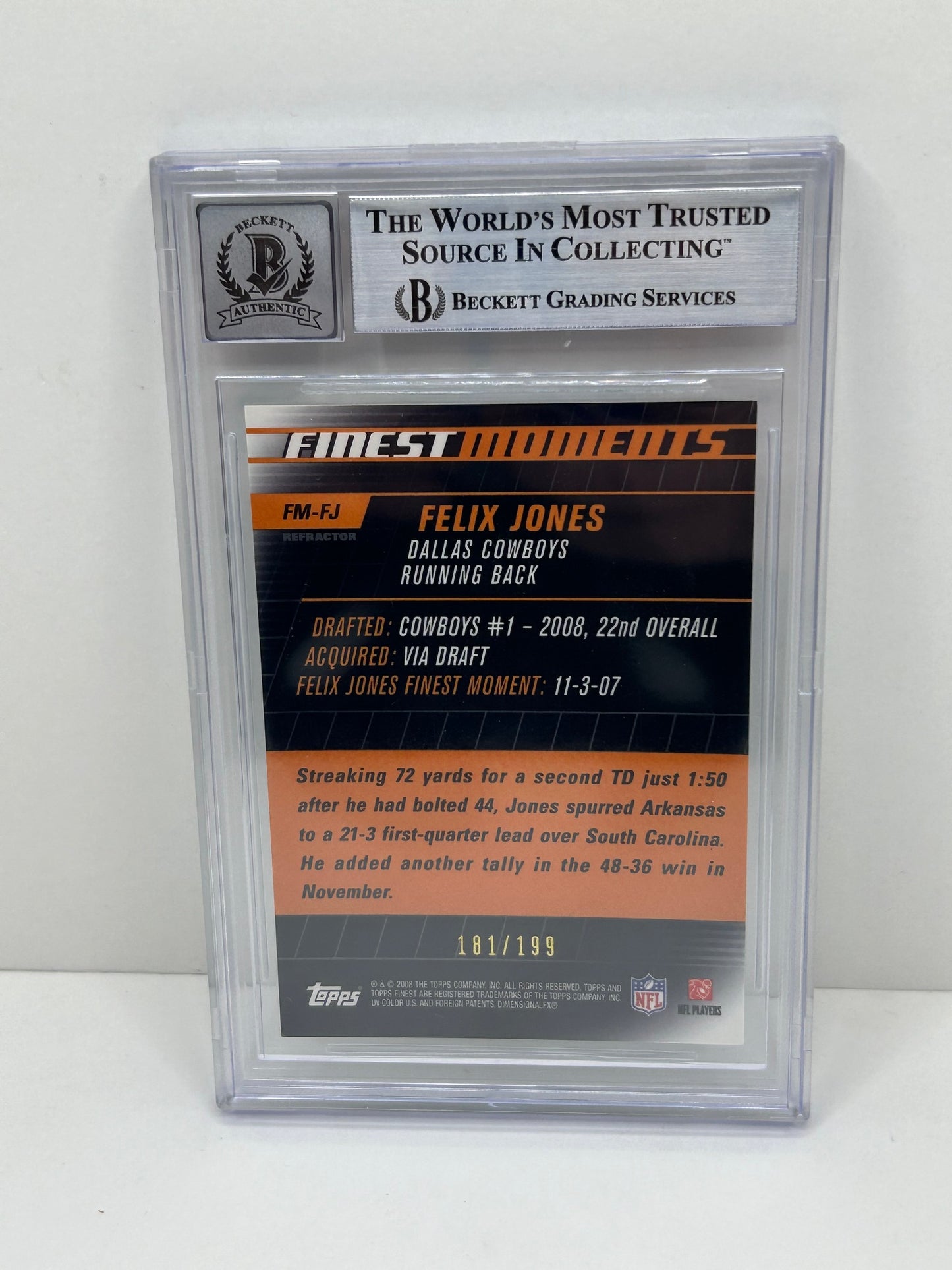 2008 Finest Moments Felix Jones #FMFJ Green Refractor Beckett Witnessed Beckett 10 Auto