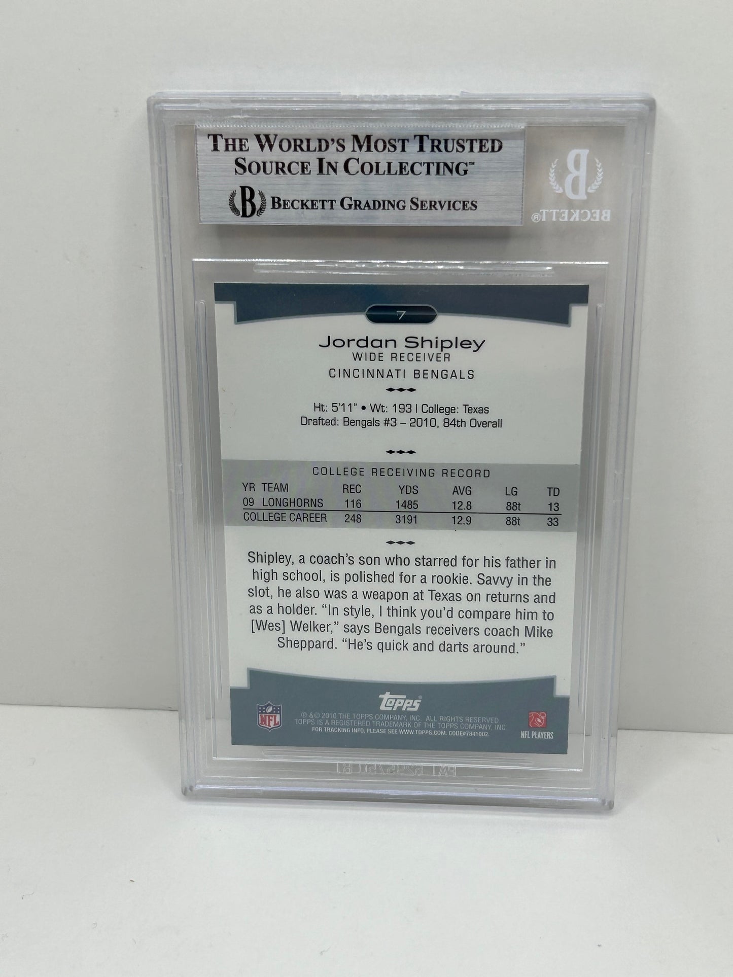 2010 Topps Platinum Jordan Shipley #7 Auto Beckett Witnessed Beckett Authentic
