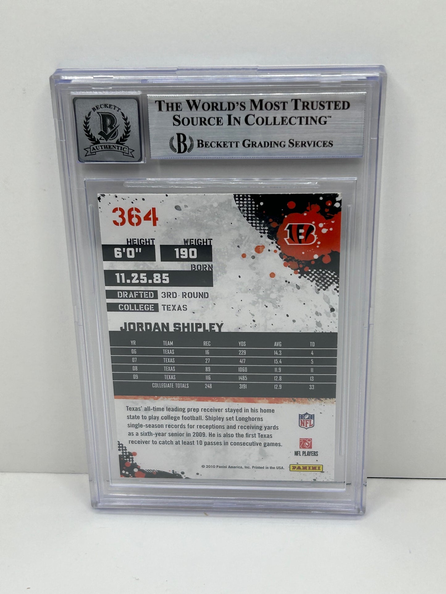 2010 Score Jordan Shipley #364 Auto Beckett Witnessed Beckett 10 Auto