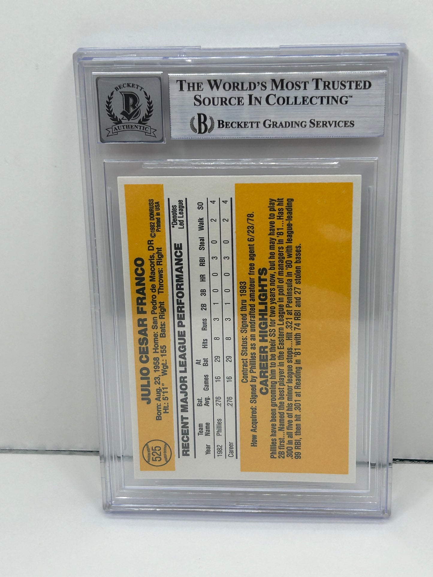 1983 Donruss Julio Franco #525 Auto Beckett Witnessed Beckett 10 Autograph (4696)