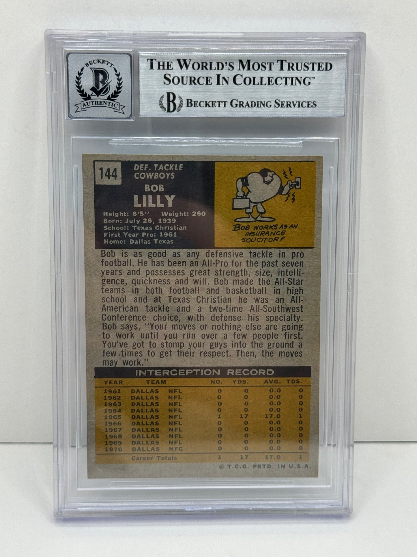 1971 Topps Bob Lilly #144 Beckett Witnessed Beckett Authentic Autograph (3270)