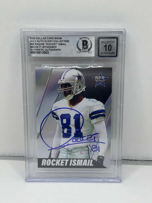 2023 Dallas Card Show Raghib "Rocket" Ismail #26 July Auto Guest Collection Beckett Auto 10(3903)