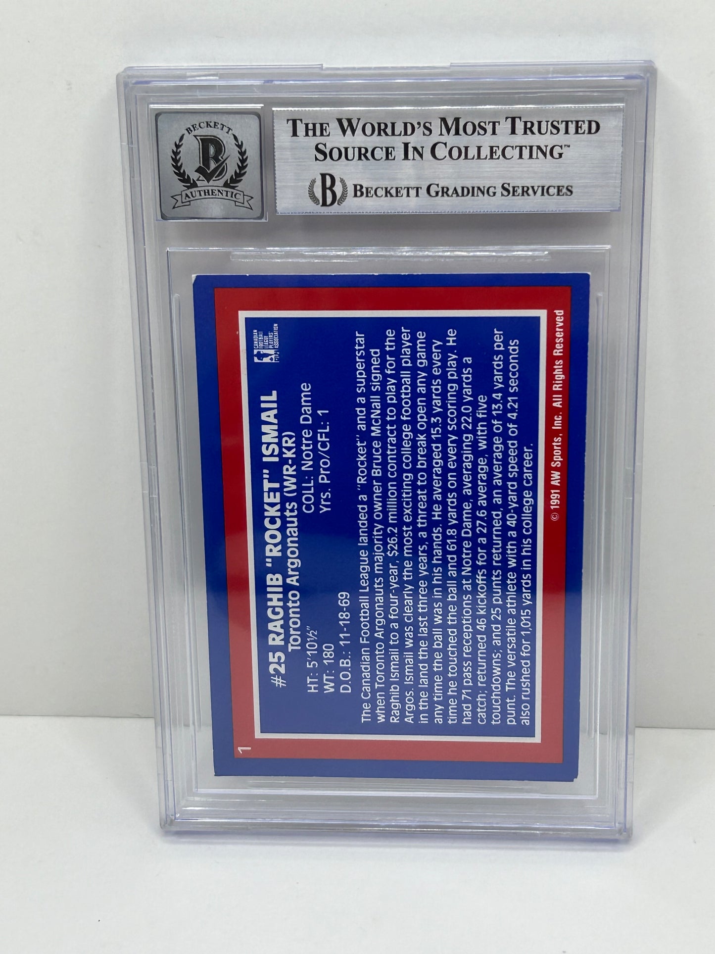 1991 All World CFL Raghib "Rocket" Ismail #1 Beckett Witnessed Beckett 10 Autograph