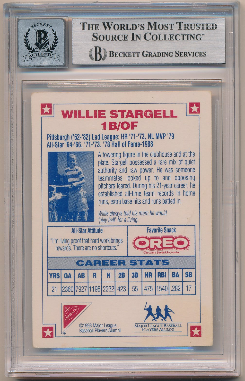 1993 NABISCO ALL-STAR AUTOGRAPHS #6 WILLIE STARGELL AUTHENTIC AUTO BAS 10